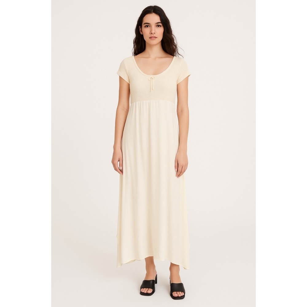 LA BELLE Vintage 80s Cream Maxi Dress Textured Knit Bodice Satin Skirt Romantic